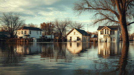 A tranquil scene of a flooded urban area showcasing submerged houses, reflecting water, and surrounding trees under a dramatic cloudy sky.の素材