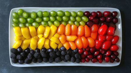 This image features a meticulously arranged platter of fresh fruits showcasing a stunning spectrum of colors, perfect for healthy eating and catering events.の素材