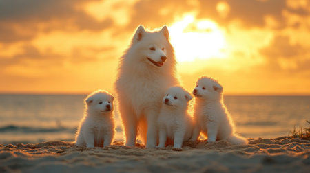 A heartwarming scene of a Samoyed family on the beach at sunset, featuring a mother and her three playful puppies against a stunning golden backdrop.の素材