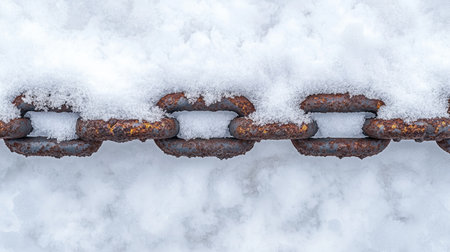 A close-up view of a rusty metal chain link lying beneath a thick layer of fresh snow captures the essence of a cold winter day in nature.の素材