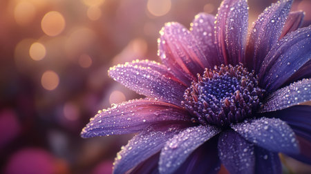 A stunning close-up image of a vibrant purple flower adorned with raindrops. The dreamy bokeh background enhances the delicate beauty of this natural blossom.の素材