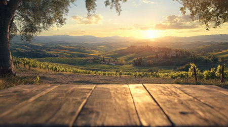 A captivating view of a vineyard at sunset in Tuscany, showcasing rolling hills, lush greenery, and a warm golden light illuminating the landscape.の素材