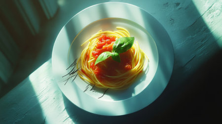 A beautifully arranged plate of spaghetti topped with vibrant tomato sauce and a fresh basil leaf, illuminated by soft natural light and shadows.の素材