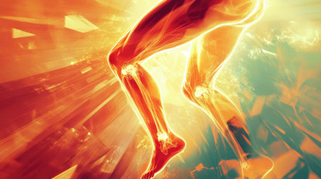 A captivating illustration depicting dynamic human legs in motion, infused with glowing energy and vibrant background effects, symbolizing strength and vitality.の素材