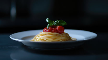 A beautifully plated dish of classic spaghetti topped with rich tomato sauce and a garnish of fresh basil, perfect for an Italian culinary experience.の素材