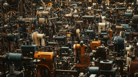 This image captures a vast collection of vintage sewing machines, showcasing detailed craftsmanship and mechanical intricacies in a workshop setting.の素材