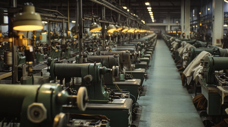 This image captures a vintage textile factory filled with numerous sewing machines, highlighting the industrial atmosphere of production and craftsmanship.の素材