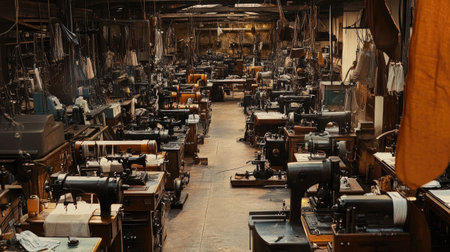 This image showcases a vintage sewing workshop filled with antique sewing machines, creating a unique atmosphere of craftsmanship and creativity.の素材
