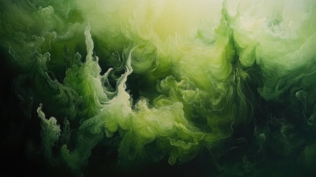 This stunning abstract artwork features ethereal green swirls and cloudy formations that evoke a sense of tranquility and mystery, perfect for modern decor.の素材