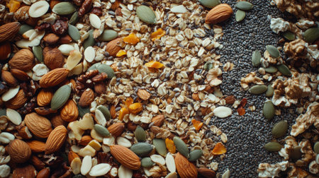 A vibrant arrangement of assorted nuts, seeds, and grains showcasing their texture and natural colors, perfect for promoting healthy eating and nutrition.の素材