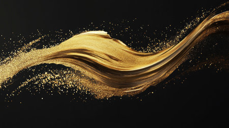 This stunning abstract image features a flowing wave of gold glitter against a deep black background, evoking luxury and elegance. The texture and sparkle create a captivating visual perfect for artistic projects.の素材