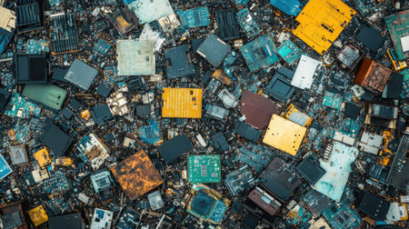 This image showcases a captivating aerial view of various colorful electronic circuit boards and chips scattered across a dark surface, highlighting their intricate patterns and textures.の素材