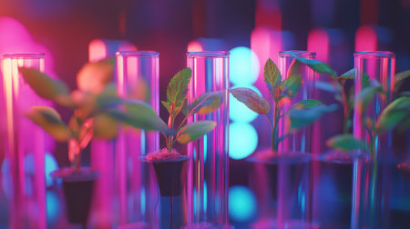 Vibrant image of young plants growing in test tubes under colorful lighting in a laboratory, showcasing the intersection of nature and science.の素材