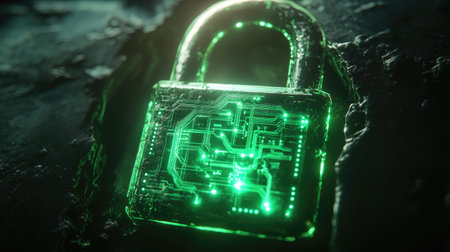This image showcases a high-tech green padlock with an intricate circuit design against a dark background, symbolizing security and innovation in technology.の素材