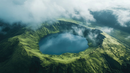 Capture the stunning beauty of a crater lake viewed from above, surrounded by lush greenery and dramatic cloud formations, showcasing nature's tranquility.の素材
