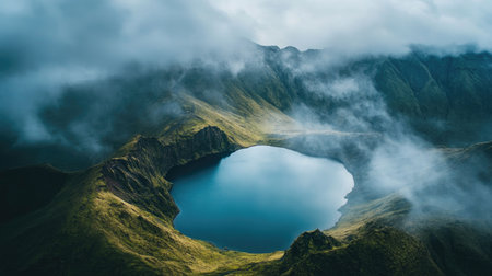 Experience the breathtaking beauty of a tranquil crater lake, embraced by lush greenery and shrouded in soft clouds, captured from above in stunning detail.の素材