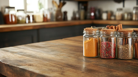 A beautiful display of colorful spices and seasonings in glass jars sits on a rustic kitchen countertop, showcasing culinary creativity and flavor.の素材