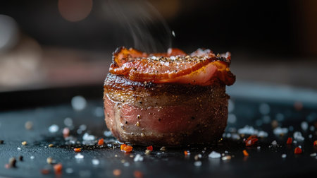 This captivating image showcases a perfectly cooked bacon-wrapped steak, garnished with spices and emitting a tantalizing steam, ideal for gourmet food lovers.の素材