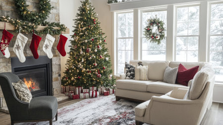 A cozy living room adorned for Christmas, featuring a beautifully decorated tree, warm fireplace, and festive stockings. Snow gently falls outside the large windows, creating a perfect winter atmosphere.の素材