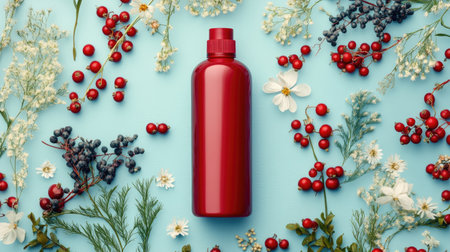 A vibrant red cosmetic bottle positioned amid an artistic arrangement of fresh flowers and foliage on a calming blue surface, perfect for beauty products.の素材
