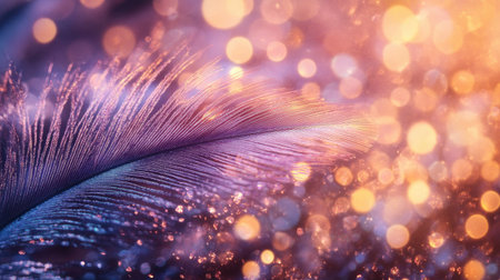 A stunning close-up of a feather showcasing vibrant colors, with a mesmerizing bokeh background. The image captures the delicate beauty and elegance of nature.の素材