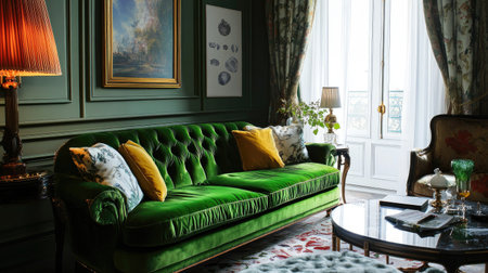 This image showcases an elegant green velvet sofa in a luxurious living room featuring vintage decor, large windows, and soft natural light.の素材