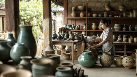 A talented artisan carefully organizes a collection of unique ceramics and pottery in a traditional workshop filled with handmade items.の素材