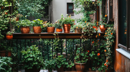 A beautiful urban balcony garden filled with vibrant flowers and lush greenery in various pots, creating a serene outdoor space perfect for relaxation.の素材