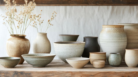 Explore an elegant collection of handmade ceramic pottery featuring bowls and vases in various shapes and textures, perfect for home decor.の素材