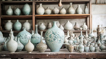 A stunning display of handcrafted ceramic vases showcases the beauty of traditional pottery techniques, highlighting unique shapes and vibrant glazes in a studio setting.の素材