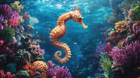 A beautiful seahorse elegantly navigates a vibrant coral reef, surrounded by colorful marine life and flourishing aquatic plants in a tranquil underwater scene.の素材