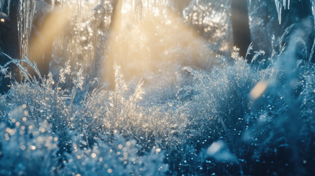 A stunning winter scene showcasing frosted grass illuminated by gentle sunlight filtering through trees, creating an enchanting and serene atmosphere.の素材