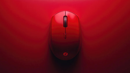 This stock photo showcases a sleek red computer mouse placed on a bold red background, highlighting its modern design and ergonomic features, perfect for creative projects.の素材
