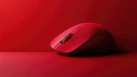 A striking red computer mouse rests on a matching red surface, showcasing a sleek and modern design. This minimalist image emphasizes simplicity and bold color.の素材