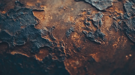This image showcases a detailed close-up of a rusty metal surface featuring flaking paint and unique cracked patterns, perfect for backgrounds or artistic projects.の素材