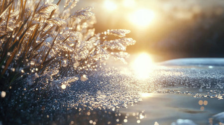 A captivating close-up of dew drops glistening on grass blades during sunrise. The soft sunlight reflects on the calm water surface, creating a serene atmosphere.の素材
