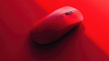 Discover a modern red wireless mouse elegantly positioned on a matching red surface, highlighting sleek design and innovative technology ideal for any workspace.の素材
