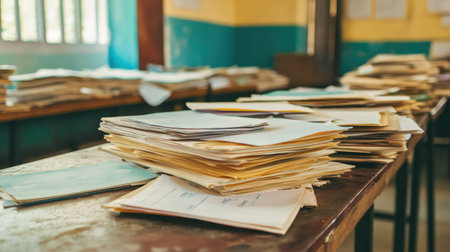 A scene depicting stacks of unorganized paper documents on a wooden table in an office, showcasing the challenges of paperwork management and workspace chaos.の素材