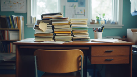 A close-up view captures a desk overwhelmed with stacked paper files, representing the organized chaos of a busy office setting, ideal for productivity themes.の素材