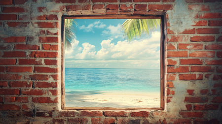 A picturesque view of a tranquil beach scene framed by a rustic brick wall, showcasing palm trees and serene ocean waters under a bright sky.の素材