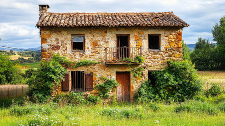 Abandoned stone house covered in lush vegetation set in a serene rural landscape. The structure showcases rustic charm amidst fields and trees.の素材
