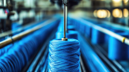 A captivating close-up image showcasing spools of blue yarn arranged in a textile factory. This visual highlights the intricate details of the production process.の素材