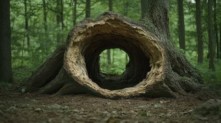 A stunning view of a large hollow tree trunk set in a vibrant green forest, inviting exploration and appreciation of nature's beauty.の素材