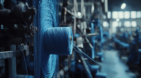 A close-up view of a blue yarn spool in a textile factory, showcasing the intricate details of threads and machinery in an industrial setting. This image captures the essence of textile production and craftsmanship.の素材