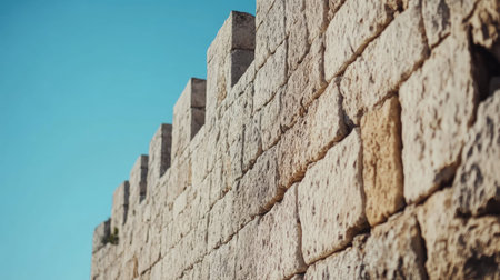 This image showcases an ancient stone wall with battlements, set against a clear blue sky. The wall highlights fine craftsmanship and historical significance.の素材