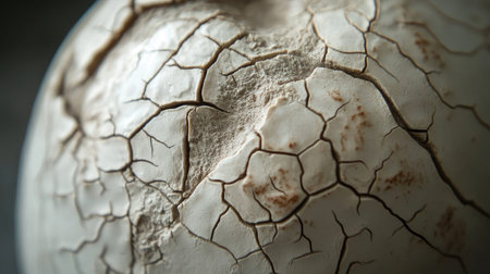 This image features a highly detailed close-up of a cracked, textured surface on a spherical object, showcasing earthy tones and intricate natural patterns.の素材