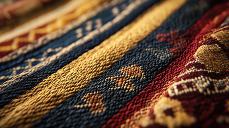 This captivating close-up image showcases intricate textures and vibrant colors in traditional textiles, highlighting exceptional craftsmanship and artistry.の素材
