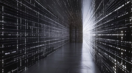 A striking corridor featuring luminous lines and captivating patterns against a dark backdrop, evoking a sense of depth and technology. The unique design creates an inspiring atmosphere, perfect for any creative project.の素材