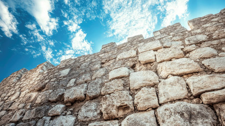 A stunning view of an ancient stone wall reaching towards a blue sky filled with clouds. This historical architecture evokes a sense of heritage and timelessness.の素材