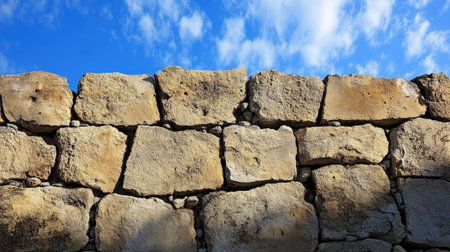 A captivating view of a weathered stone wall set against a vibrant blue sky with fluffy white clouds, showcasing rustic architectural beauty.の素材